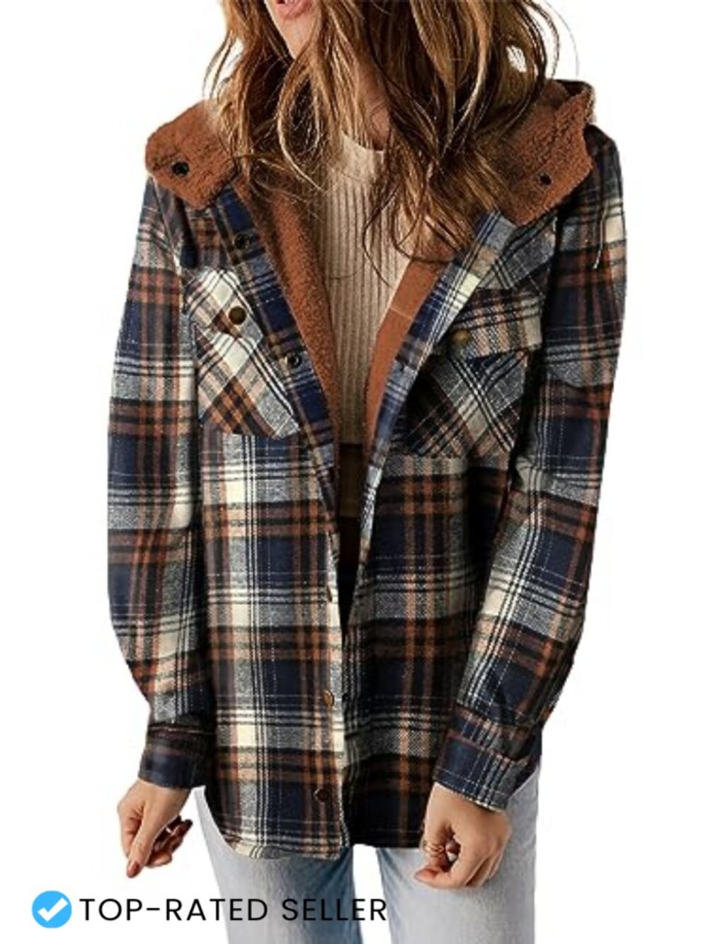 Women's Plaid Fleece Lined Shacket Jacket with Hood and Button Front